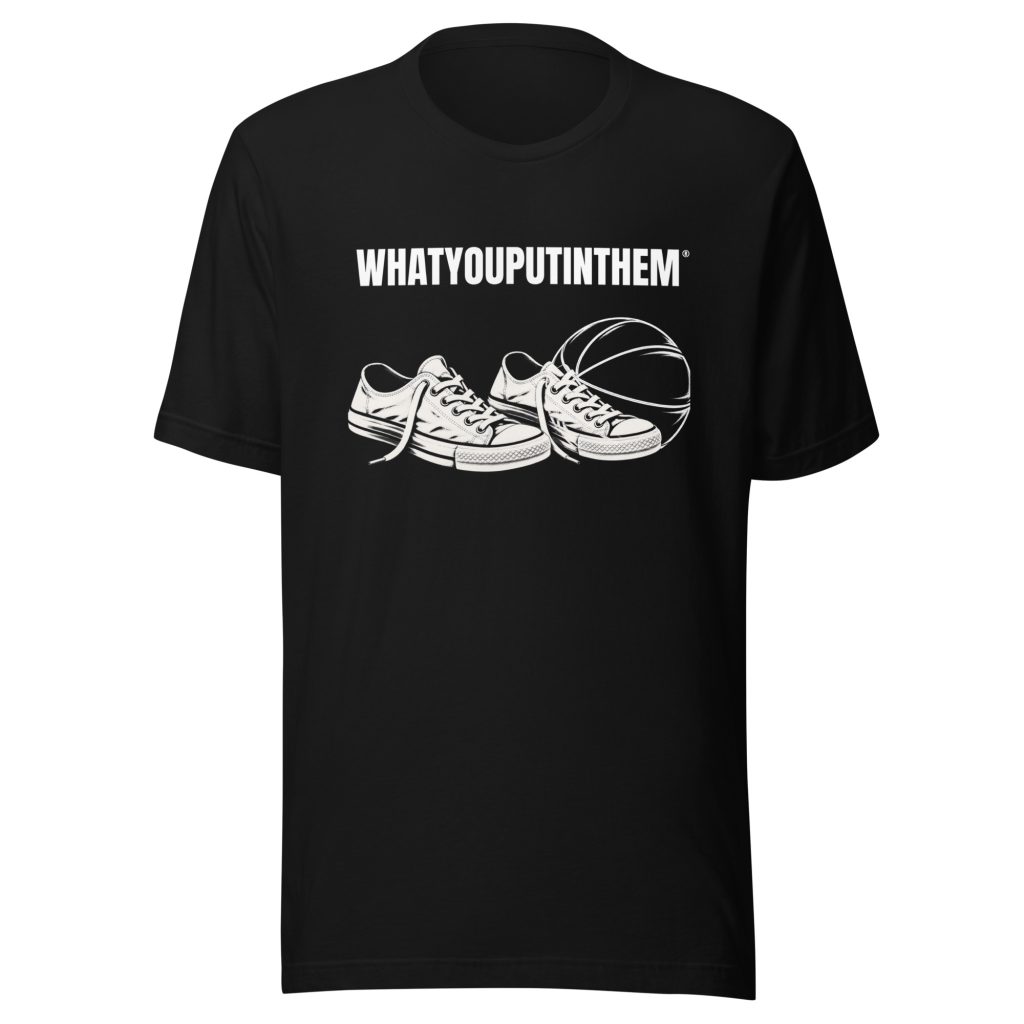 The Game basketball t-shirt with worn court shoes and basketball design